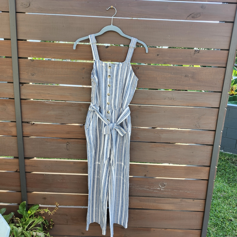 Deja Bleu Striped Blue and White Jumpsuit Casual Summer Linen Blend Size Small